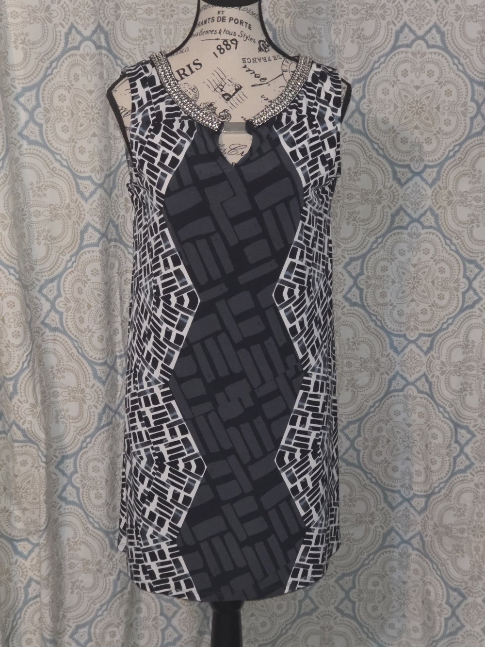 Alfani Black & White Bejeweled-Neck Geometric Shift Dress